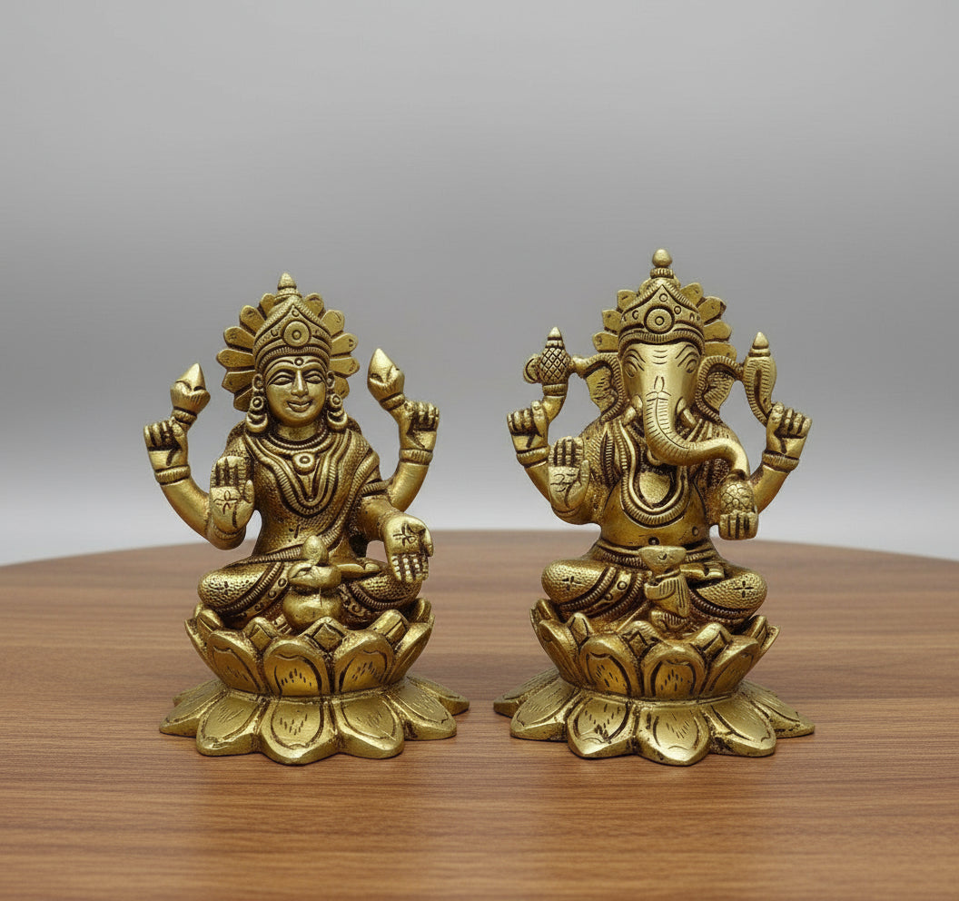 brass 5" lakshmi ganesh statue sitting on lotus flower home temple